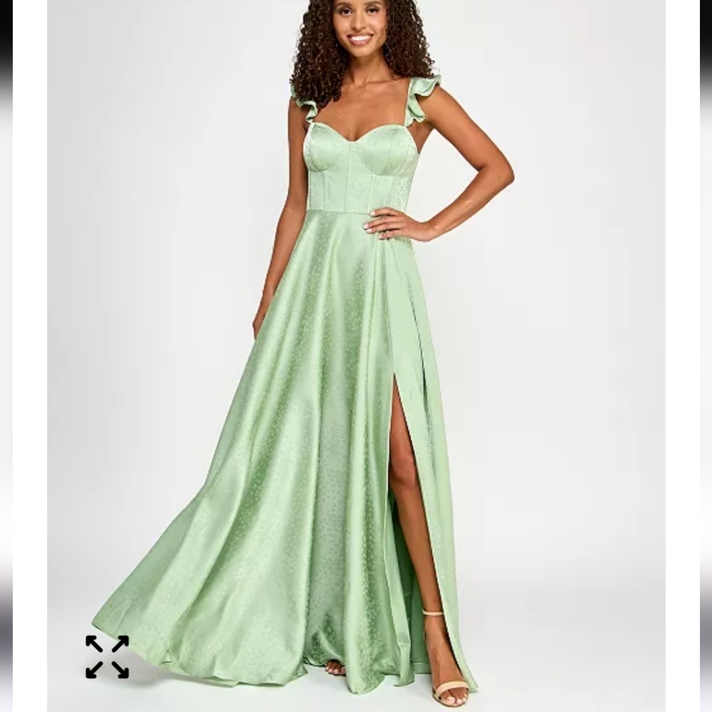 B Darlin Juniors' Satin Sweetheart Ruffle-Strap Gown Sz 9/10 Green Prom Party